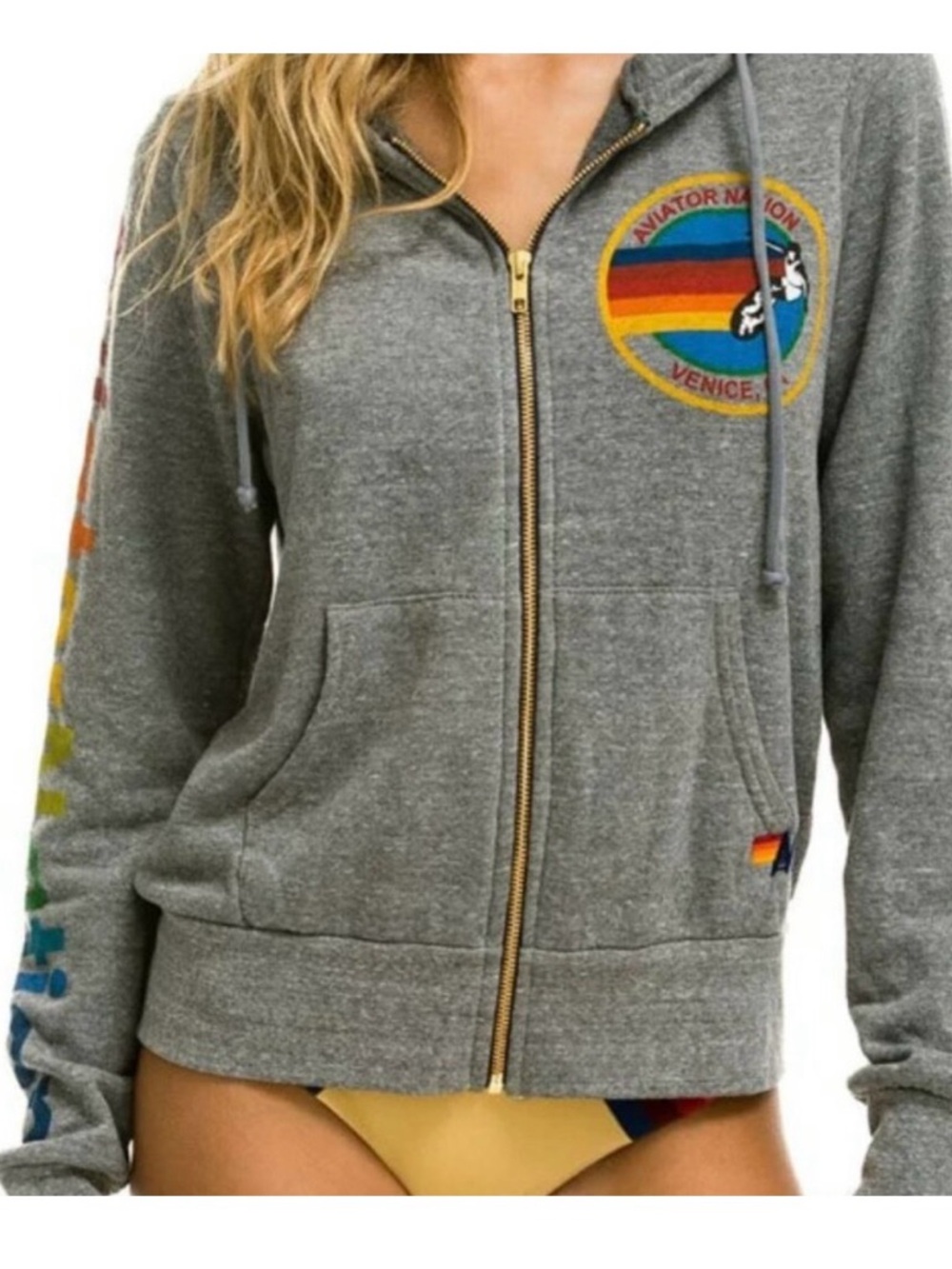 Aviator Nation Gray Unisex Women/Men Zip Hoodie with Rainbow Crest size small